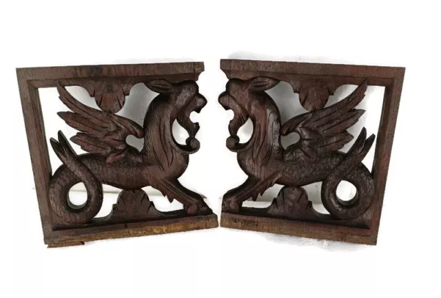 Pair French Corbels Dragons Hand Carved Wood Brackets Gothic Architectural Heral