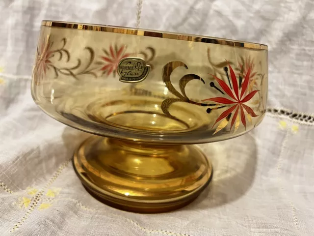 Vintage Amber Bohemia Crystal Glass Hand Painted Bowl - Made In Czechoslovakia