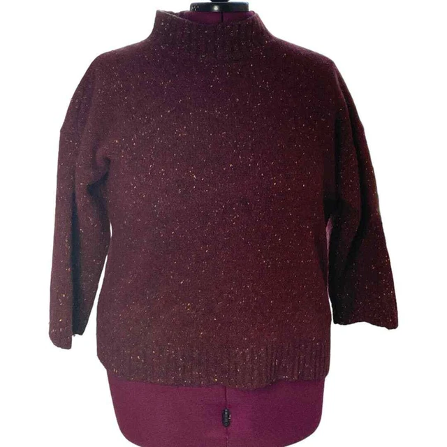 Plus Size 1X Eileen Fisher Woman Burgundy Donegal Merino Knit Mock Neck Sweater