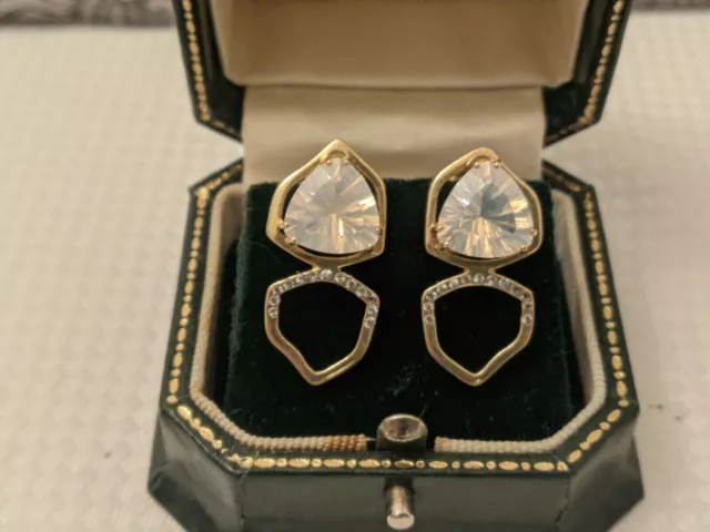9ct Gold Designer JAHDO Large Moonstone And Diamond Earrings