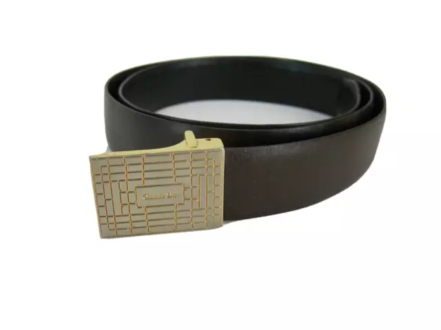 Christian Dior Logo Reversible Gold Silver Buckle Brown Black Leather Belt 36