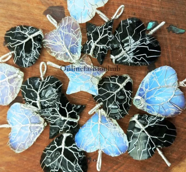 Exclusive Opalite & Mix Gemstone Silver Plated Wire Wrap Tree 10 PCs Pendant Lot