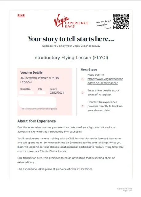 Virgin Experience Days Voucher Expiry, 02/12/24, Introductory Flying Lessons.
