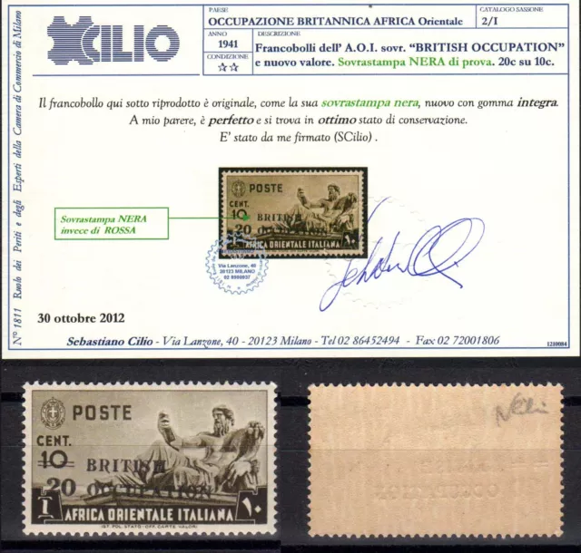 AOI BRITISH OCCUPATION 1941 20c su 10c Non emesso PROVA MNH** CERTIFICATO