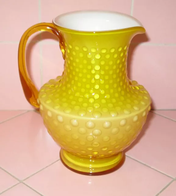 Vintage Amber Yellow Hobnail Pitcher Vase White Case Art Glass Kanawha USA