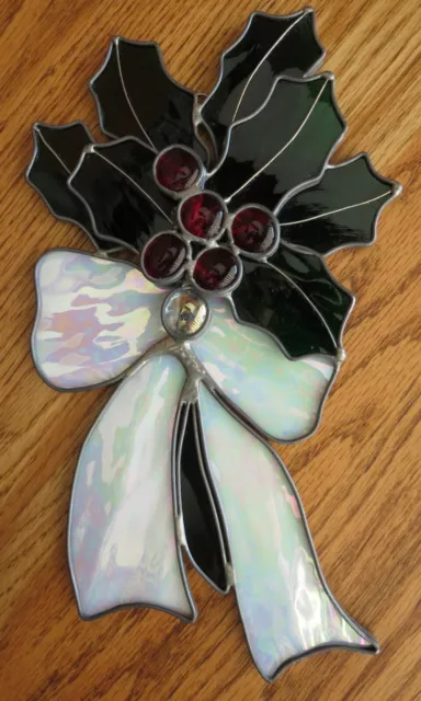 Vintage Leaded Stained Glass Suncatcher Christmas Holly Berries Bow