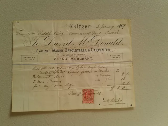 FUNERALI ricevuta per David McDonalds Melrose 1907. Per il suo funerale. Usato.