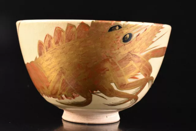 F6144: Japanese Kiyomizu-ware Colored porcelain Gold spiny lobster TEA BOWL