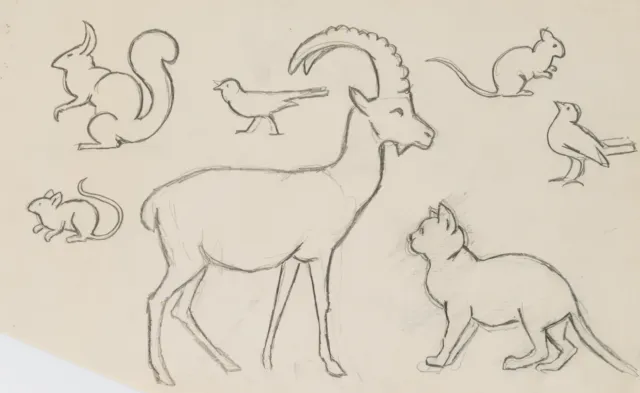 H. THOMA (1839-1924), Steinbock, Katze, Eichhörnchen, Tiere, Bleistift Moderne