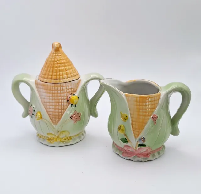 Ceramic Creamer Sugar Bowl Set Spring Corn Ladybugs Floral Design