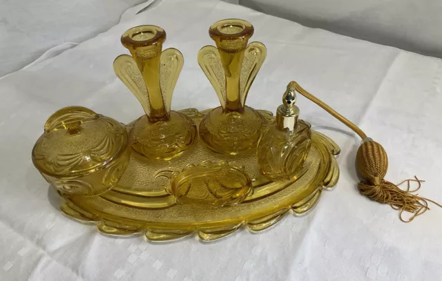 Vintage Art Deco Bagley Rutland Amber Glass Dressing Table Set Perfume Puffer 7