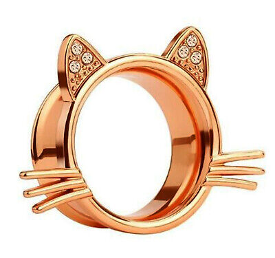 PAIR-Kitty Cat Rose Gold Plate w/Gems Double Flare Ear Tunnels 10mm/00 Gauge