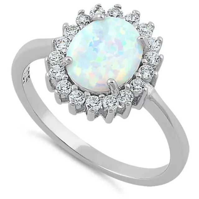 925 Sterling Silver White Lab-created Opal + Clear Cubic Zirconia Statement Ring