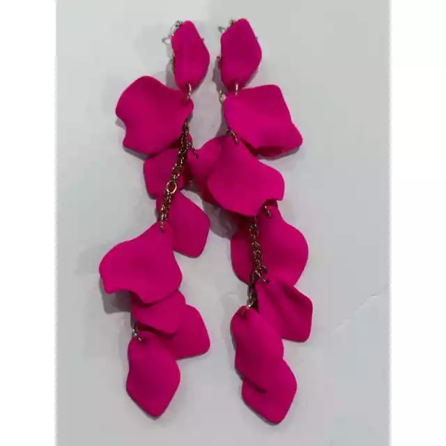 Hot Pink 5" Dangle Flower Petal Leaf Drop Statement Earrings 925 Sterling Post