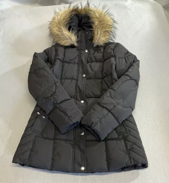 Tommy Hilfiger Women's Puffer Jacket M Black Long Sleeve Faux Fur Hooded Jacket