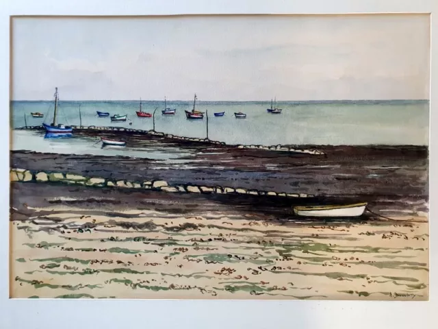 André DUCULTY Aquarelle sur papier Ile de Ré tableau peinture dessin Port plage
