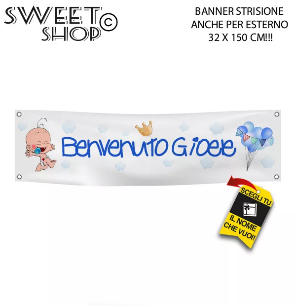 Striscione Banner NASCITA BENVENUTO PERSONALIZZATO NOME AZZURRO FESTA PALLONCINI