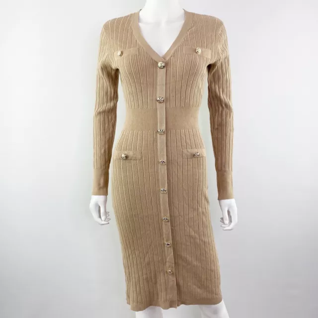 NEW Lipsy London Size 8 Beige Ribbed Knit Long Sleeve Button Front Sweater Dress