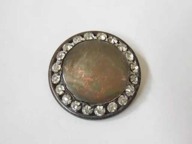 grand bouton ancien en metal nacre et strass mother of pearl button 1900 3,6 cm