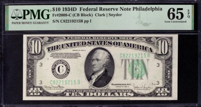 1934 D $10 Federal Reserve Note Philadelphia Fr.2009-C Cb Block Pmg Gem 66 Epq