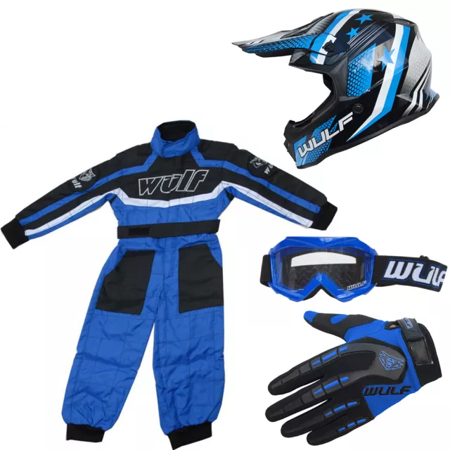 Wulfsport Cub Iconic Kids Motocross Helmet Attack Gloves Goggles+Race Suit