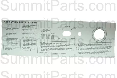 Instruction Sign Gen 4 Silver W74, 124, 184 Coin Oper For Wascomat - 452532