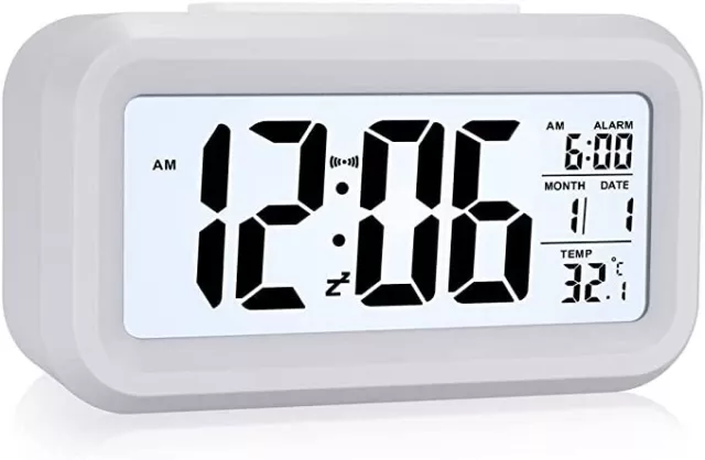 Digital Alarm Clock, LCD Bedside Clock with Temperature, Date Time, Snooze, 12/