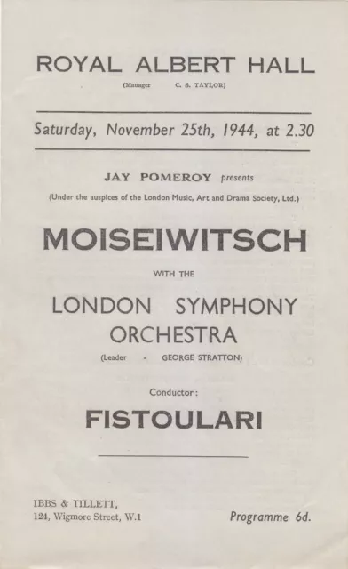 Concert Programme 1944 RAH  Benno Moiseiwitsch Rachmaninov 1 Anatole Fistoulari