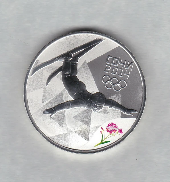 2014 Russia Silver Proof Sochi Olympic Games Freestyle Skiing 3 Roubles Coin.