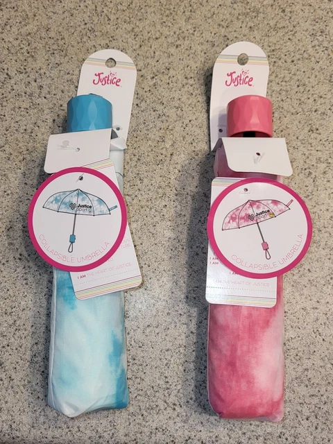 Lot Of 2 Girls Justice Sport Collaspsible Umbrellas One Blue One Pink Folded