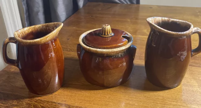 Vintage Hull Brown Drip Glaze Pottery 2-Creamer  Cups & Sugar Bowl W/Lid USA