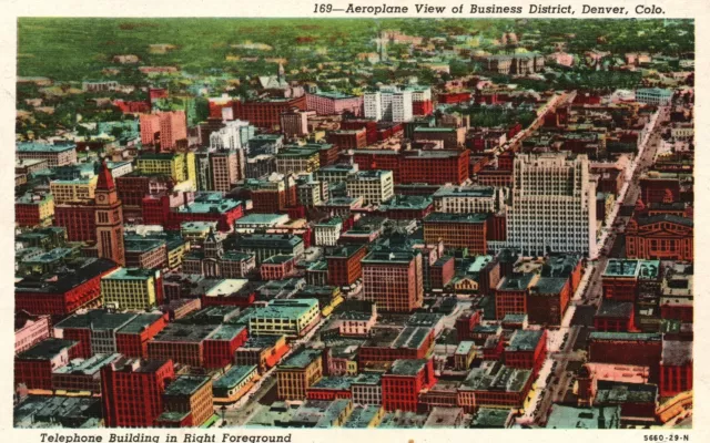 Vintage Postcard 1920's Aeroplane View Business District Denver Colorado CO