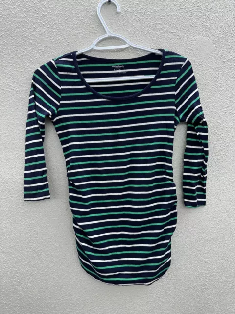 Womens Motherhood Maternity Shirt Size Small Blue Green Striped 3/4 Sleeve