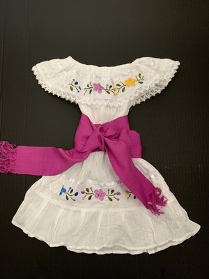 2 piece Set Mexican Girls Dress With Sash Embroidered flowers White 3T