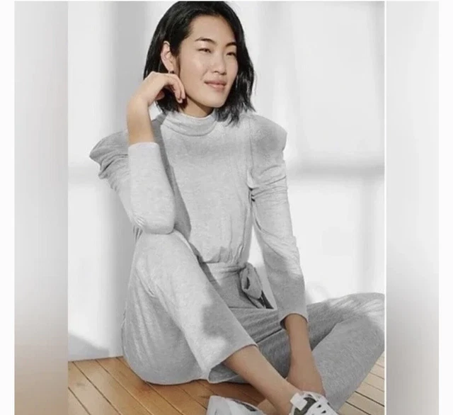 NWOT Express Cozy Belted Puff Sleeve Lounge Jumpsuit with Pockets Gray sz L