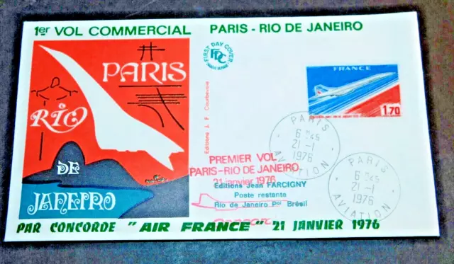 Enveloppe 1er jour FDC 1976 Concorde 1er Vol Commercial Paris Rio 21 janvier