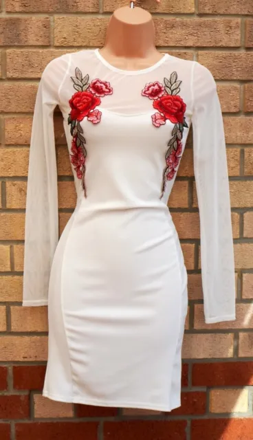 Quiz White Mesh Long Sleeve Red Floral Embroidered Bodycon Party Dress 6 Xs