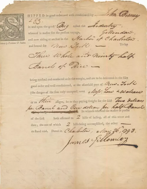 Historical 1798 Shipping Document for a Cargo of Rice Etc.