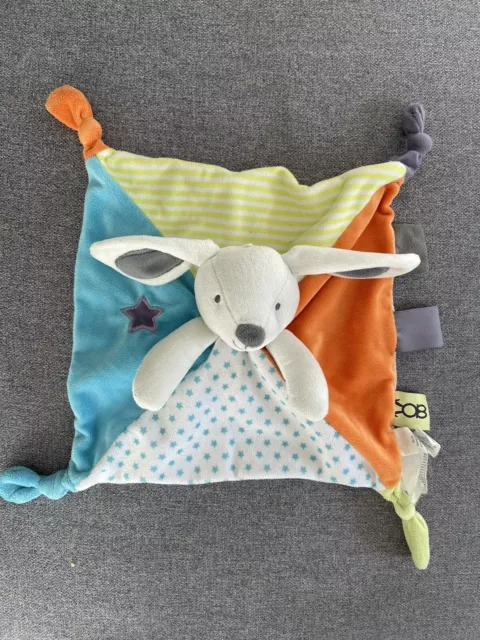 Doudou Plat Carré Obaibi Lapin Bleu Blanc Orange  Étoiles Rayé Tbe