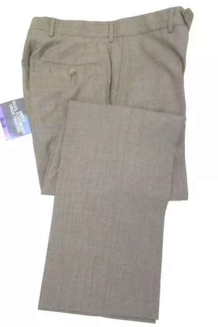 KIRKLAND Mens Flat Front DRESS TROUSERS Formal Lined 100% Wool BROWN Tan Fancy