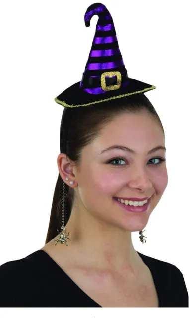 Mini Witch Hat Headpiece & Dangling Spiders Adult Halloween Costume Accessory