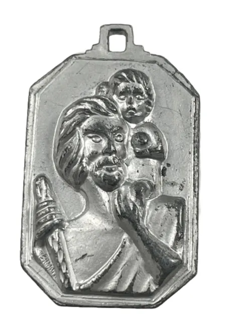 Medalla religiosa católica vintage de San Cristóbal en tono plateado surfista
