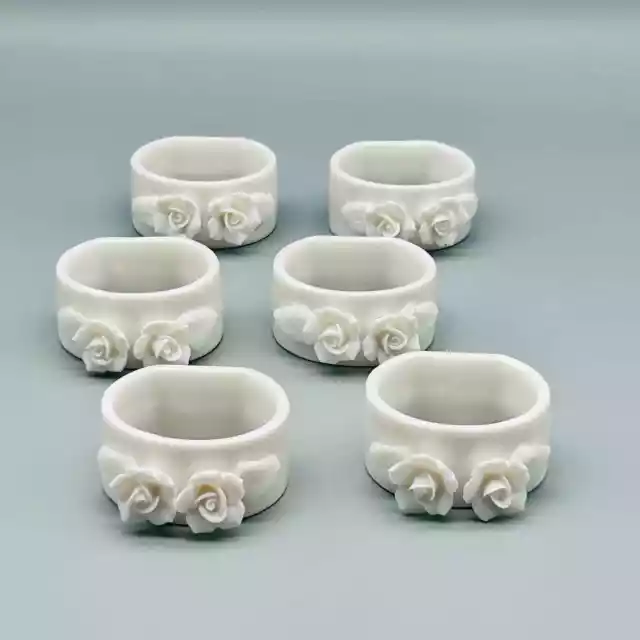 Vintage White Rose Porcelain Napkin Rings 6 Piece