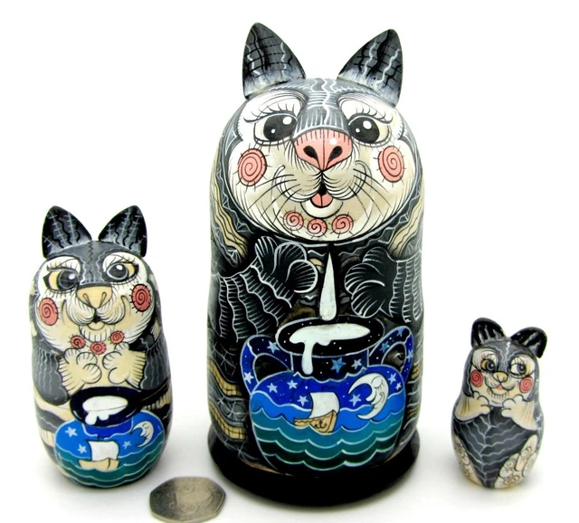 BLACK & GREY Cat Russian nesting 3 Dolls Cats Kitten Matryoshka signed Obochova
