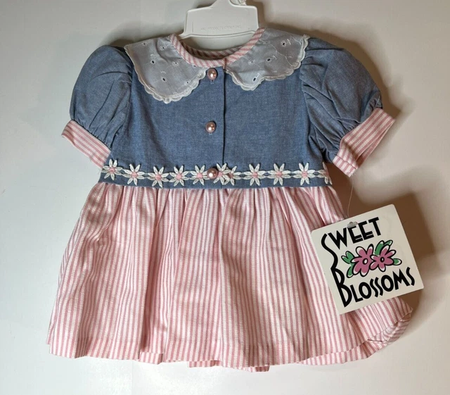 Vintage Sweet Blossoms Infant Dress Pink Stripes Eyelet Collar Floral Trim-12M