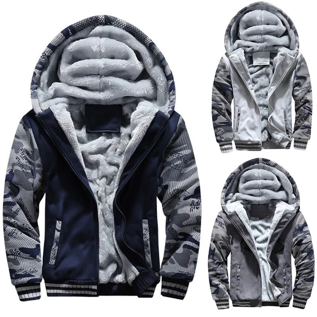 Men Winter Warm Sherpa Fleece Hoodie Zip UP Sweater Jacket Fur Line Hooded Coat