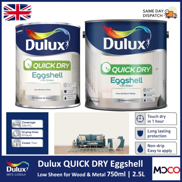 Dulux Quick Dry Eggshell Paint Non Drip Interior Metal Wood Pure Brilliant White