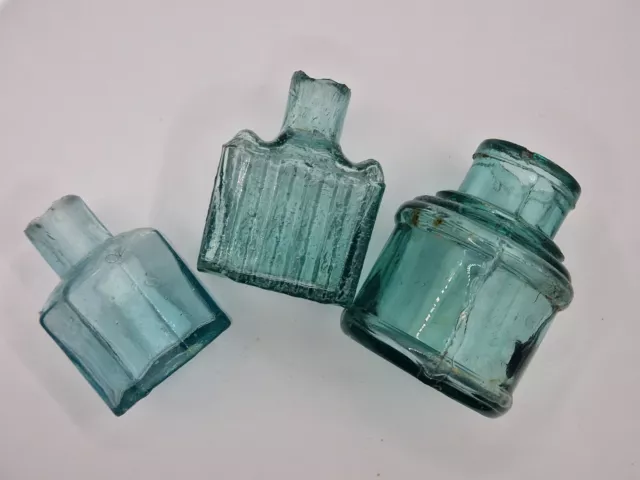 Vintage Victorian Old Ink Bottles Stunning Colour And Bubbles Trio Set