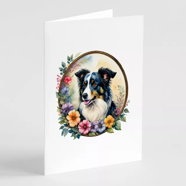 Border Collie and Flowers Greeting Cards Envelopes Pack of 8 DAC2098GCA7P