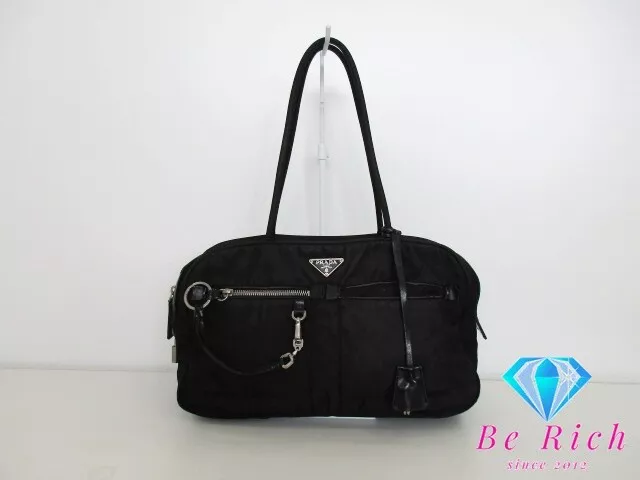 Prada Mini Boston Bag Shoulder Black Pocono Nylon Leather Logo Handbag Used Bk85